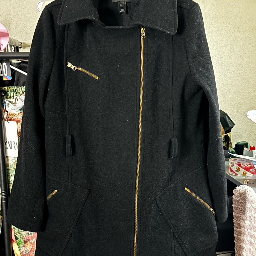 Mango Black Trench Coat with Gold Zippers